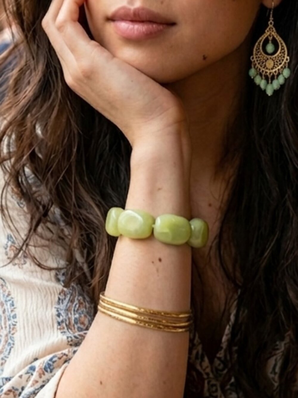 Chunky serpentine jade stretch bracelet